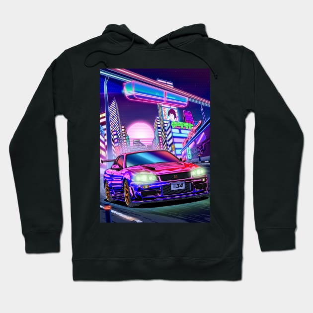 Nissan Skyline GT-R R34 (1999) Cyberpunk City Hoodie by Guyvit